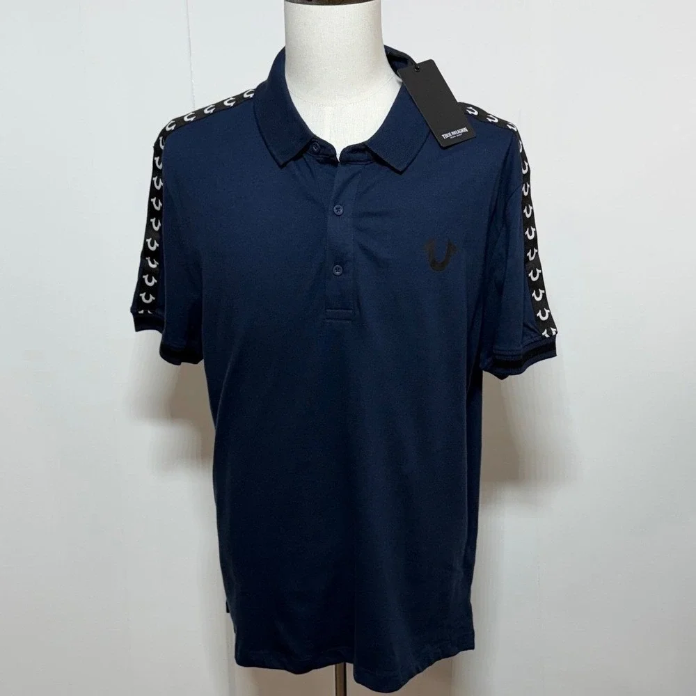 NEW True Religion Polo Mens XL Blue Relaxed Logo Trim Short Sleeve Shirt